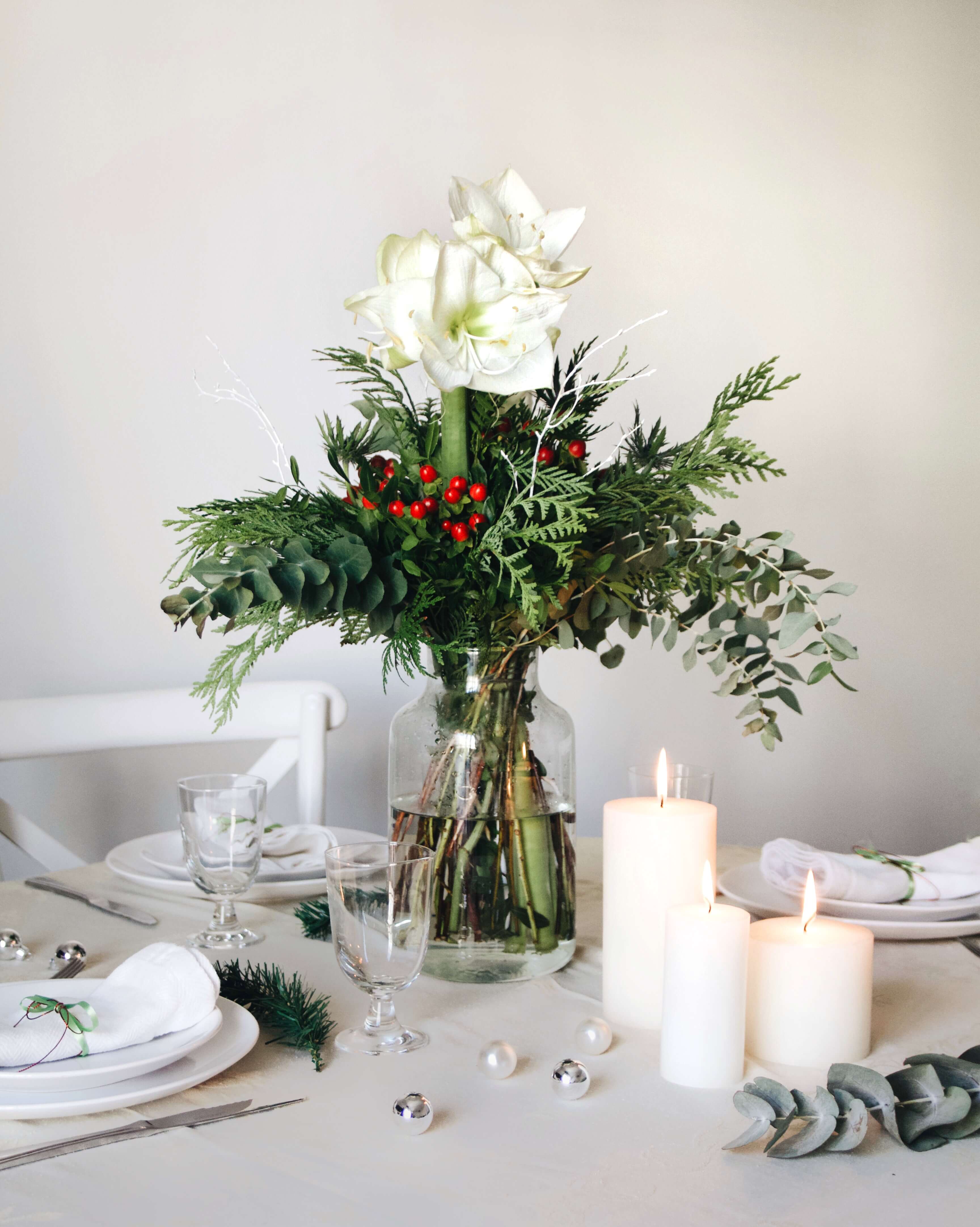 ramo de navidad con amaryllis blancas, snow ball Colvin