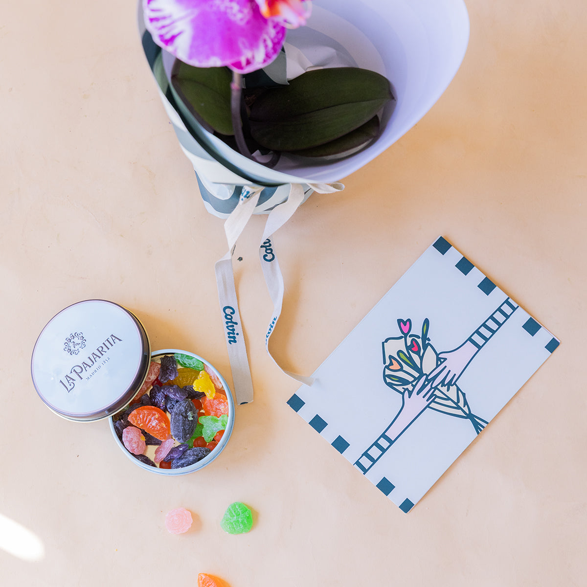 Orquídea Singolo Sorpresa con Envoltorio, Caramelos y Tarjeta