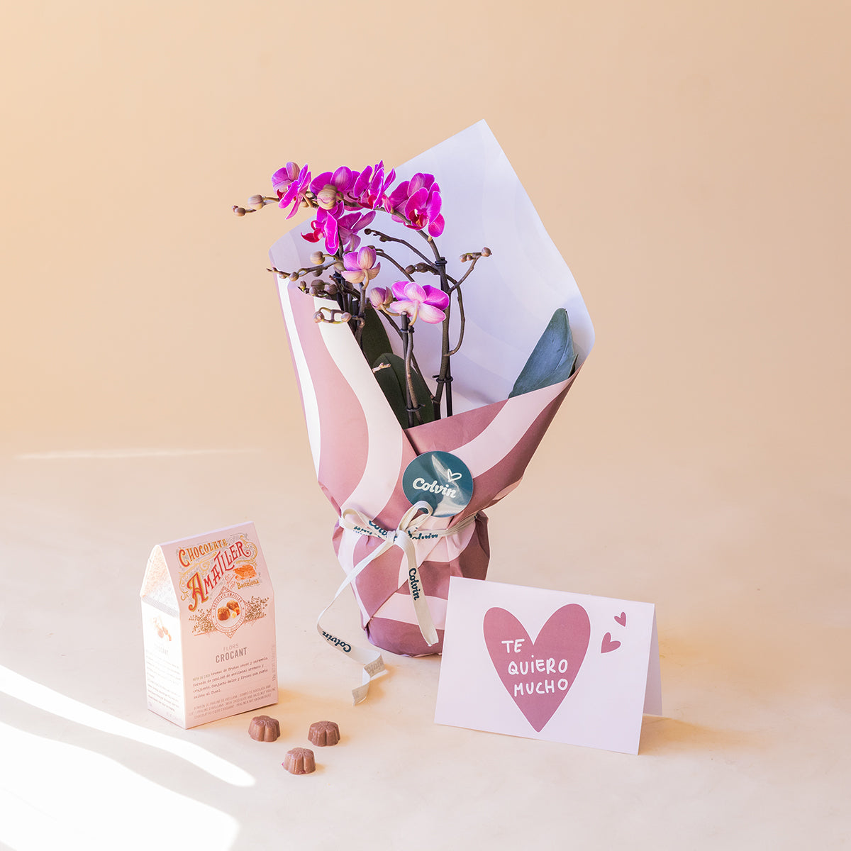 Orquídea rosa con Envoltorio, Bombones y Tarjeta