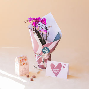 Orquídea rosa con Envoltorio, Bombones y Tarjeta
