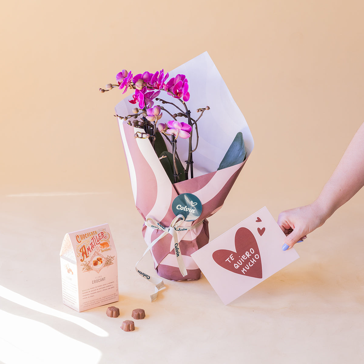 Orquídea rosa con Envoltorio, Bombones y Tarjeta