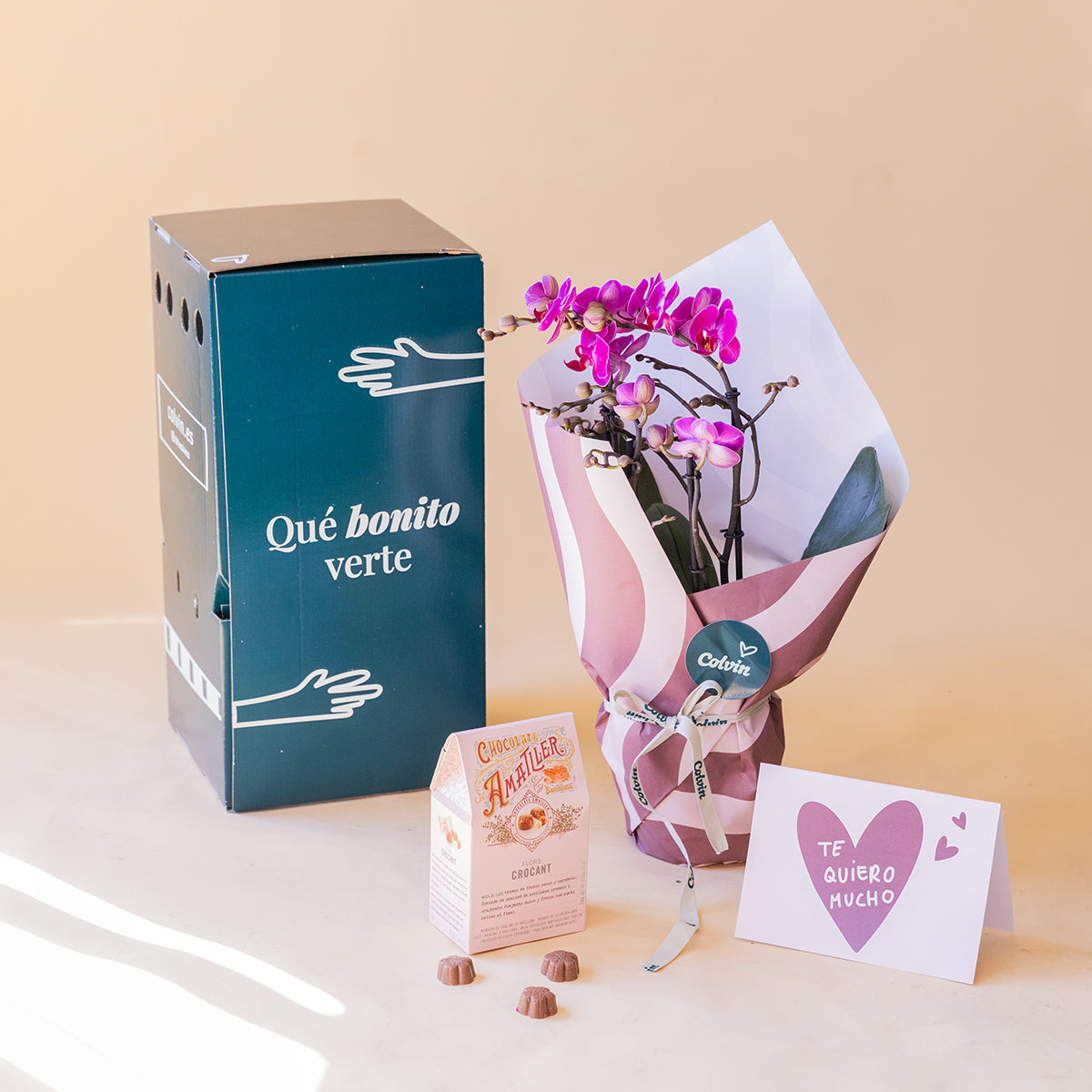Orquídea rosa con Envoltorio, Bombones y Tarjeta