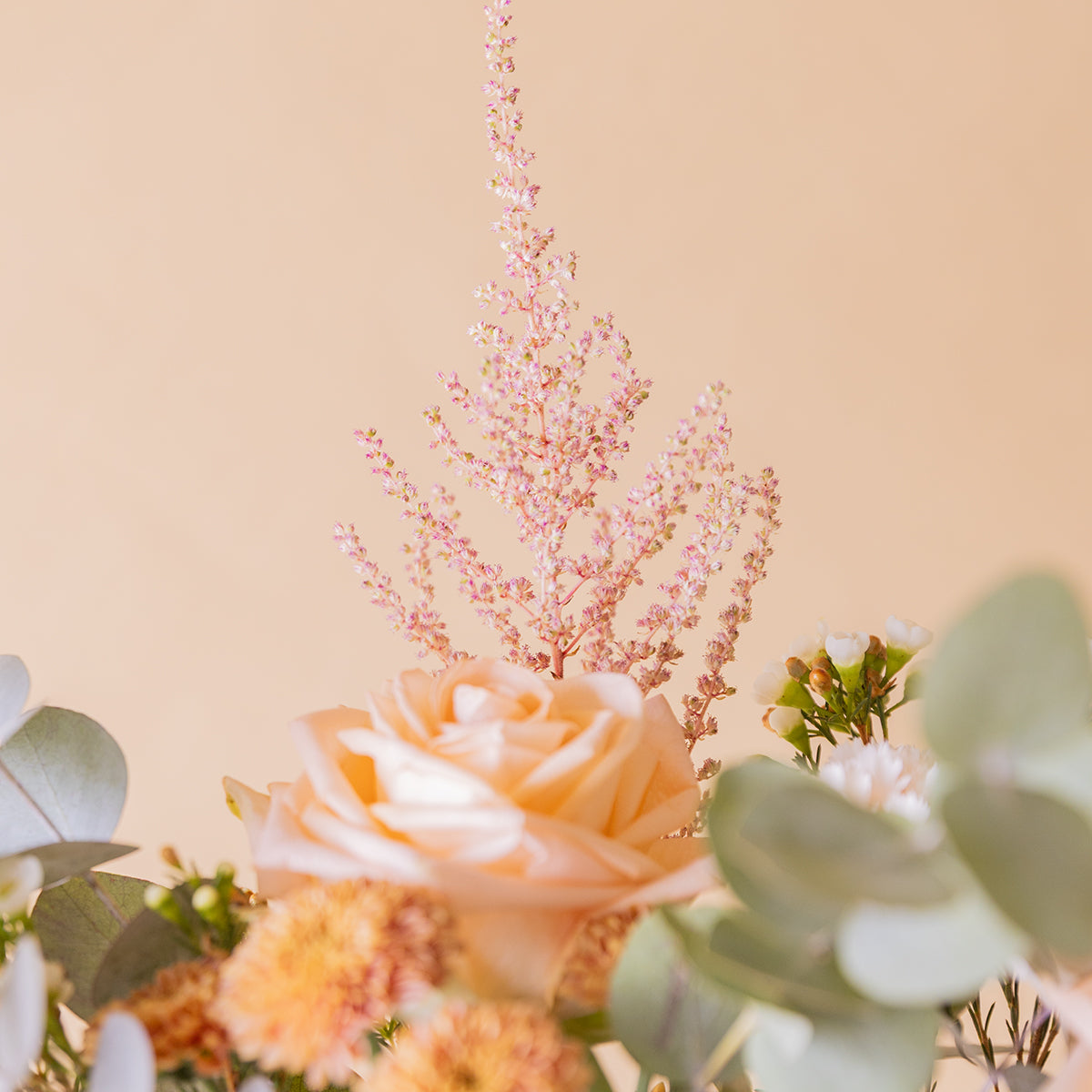 Detalle de astilbe rosa, rosa salmón y eucalipto del ramo El Champagne — Colvin