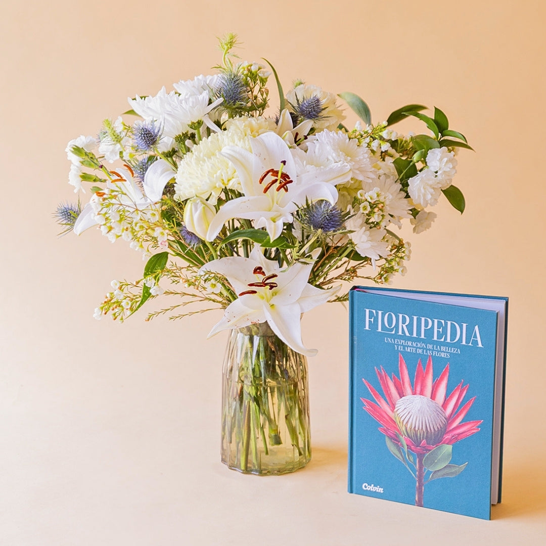 Ramo de Flores Brancas com Livro Floripedia e Cartão
