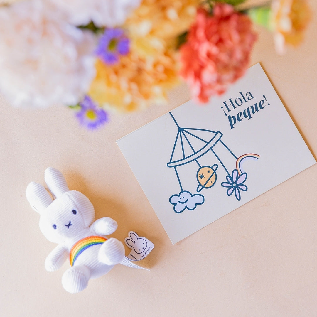 Llavero peluche Miffy arcoíris y tarjeta ¡Hola peque! ilustrada con móvil de bebé, con ramo de claveles naranja y melocotón de Colvin desenfocado al fondo