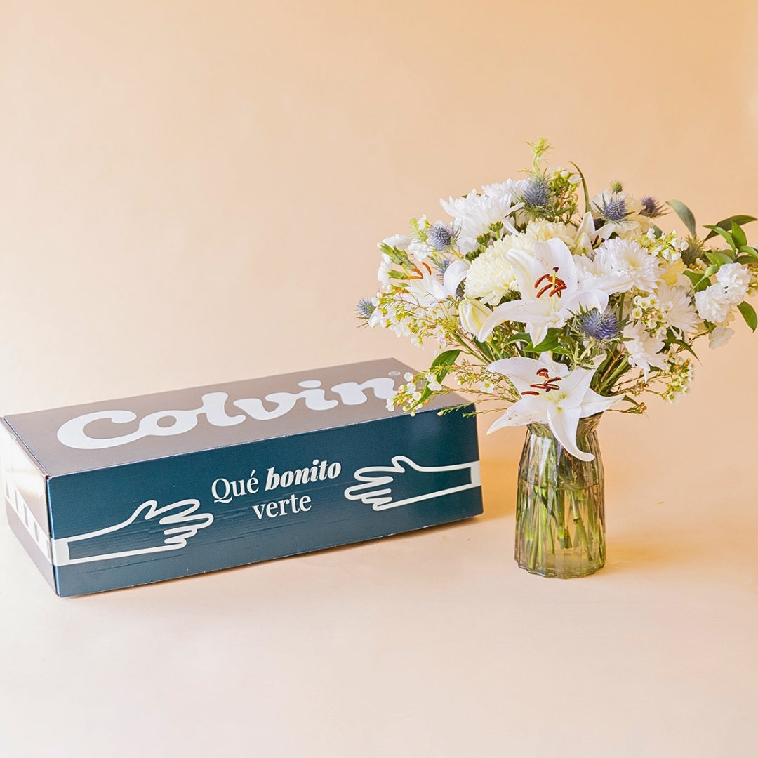 Ramo de flores blancas de Colvin en jarrón de cristal junto a caja de envío "Qué bonito verte"
