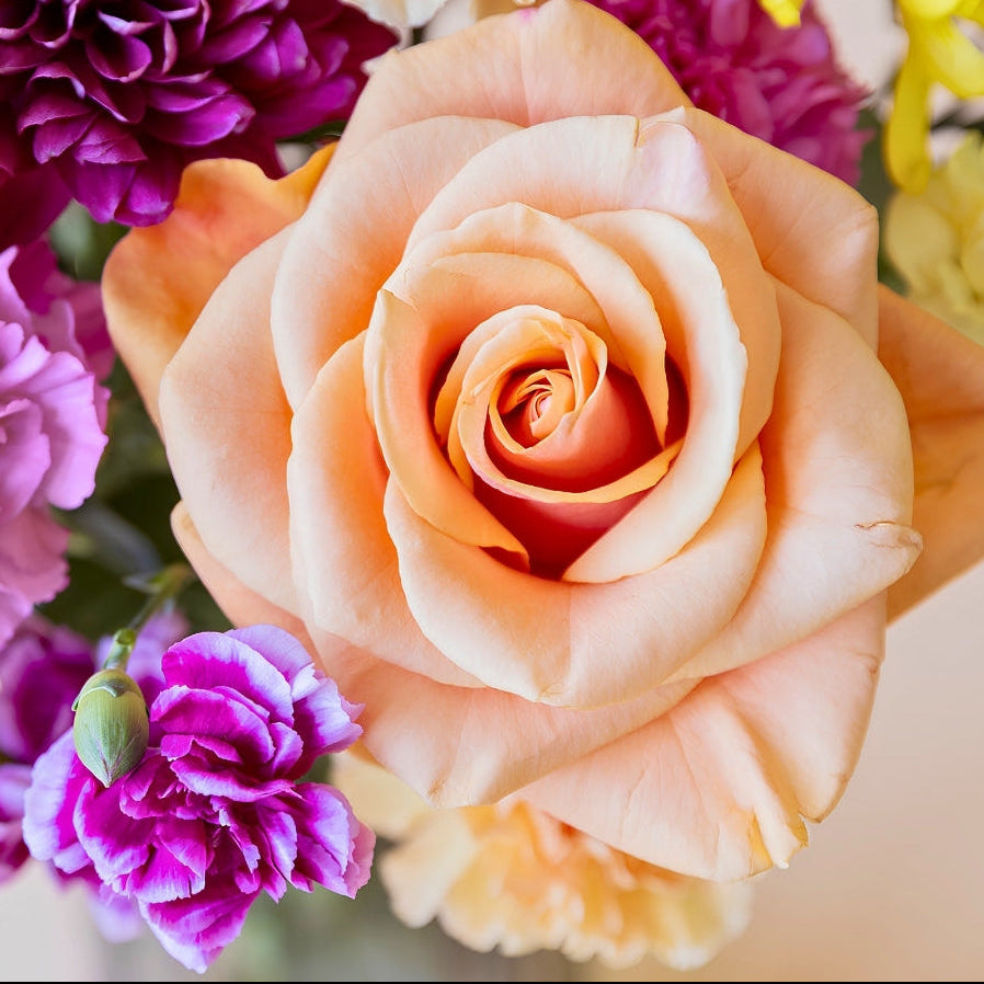 Detalle del ramo de flores frescas El Colorido de Colvin, un diseño vibrante y lleno de energía con rosas naranjas, crisantemos amarillos brillantes y flores en tonos púrpura y fucsia.