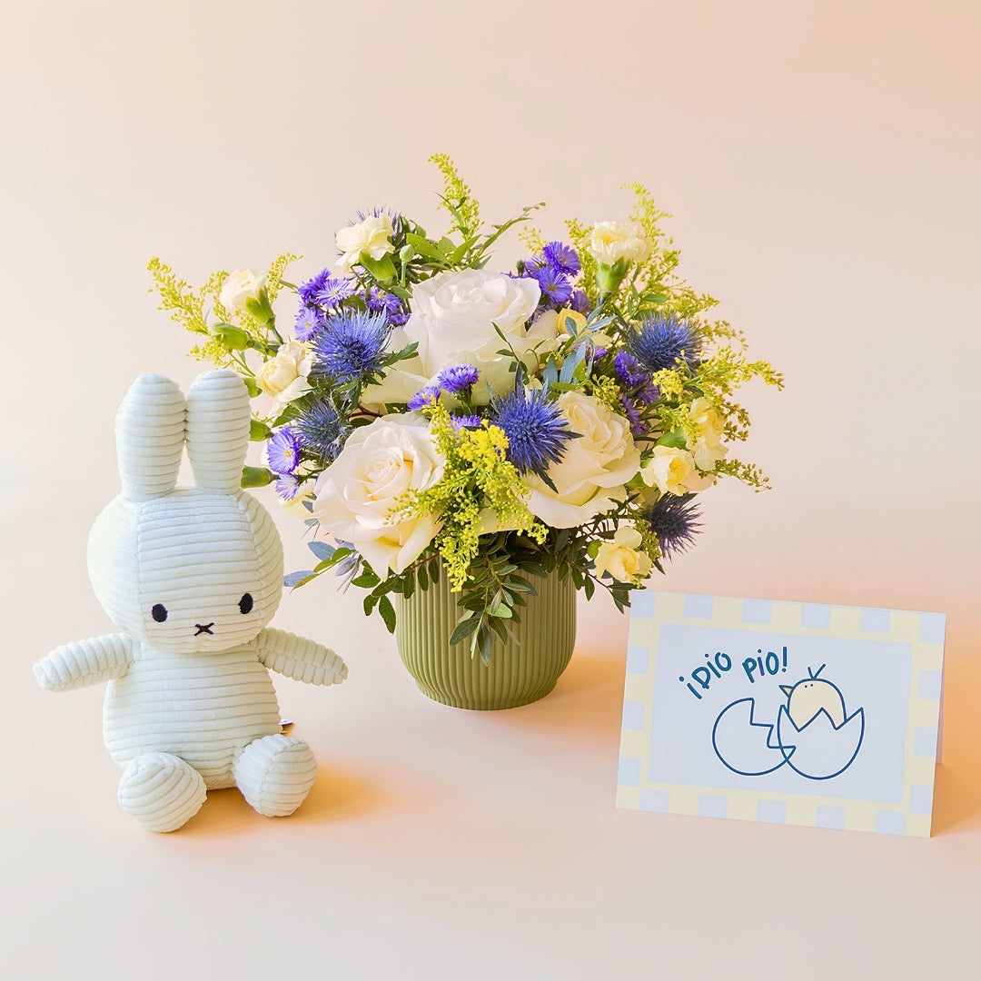 Arreglo de flores frescas El Mágico de Colvin con rosas blancas premium, cardos azules y detalles silvestres en una base estriada verde oliva, junto a un peluche Miffy en pana color verde menta y una tarjeta de nacimiento ilustrada con un pollito y la frase "¡Pío pío!" sobre un fondo crema.