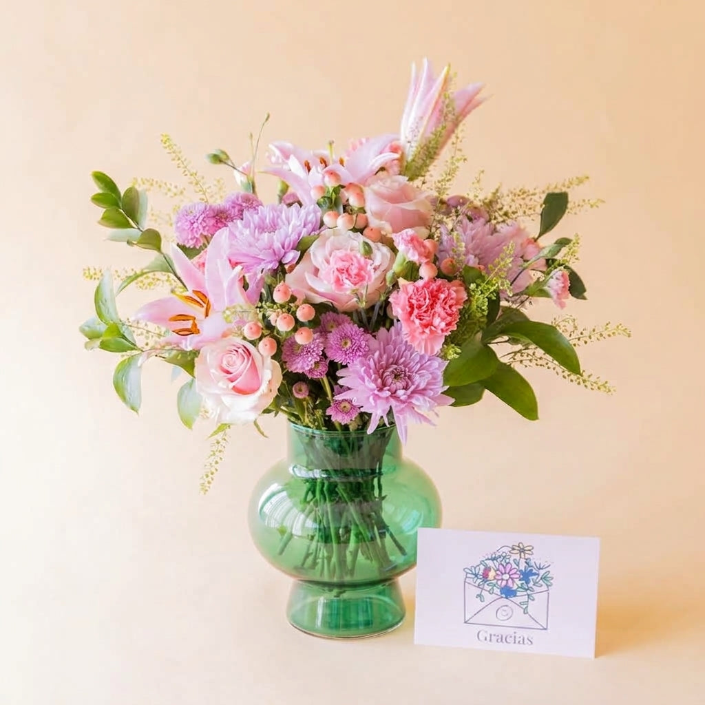 Ramo de flores rosas con jarrón y tarjeta