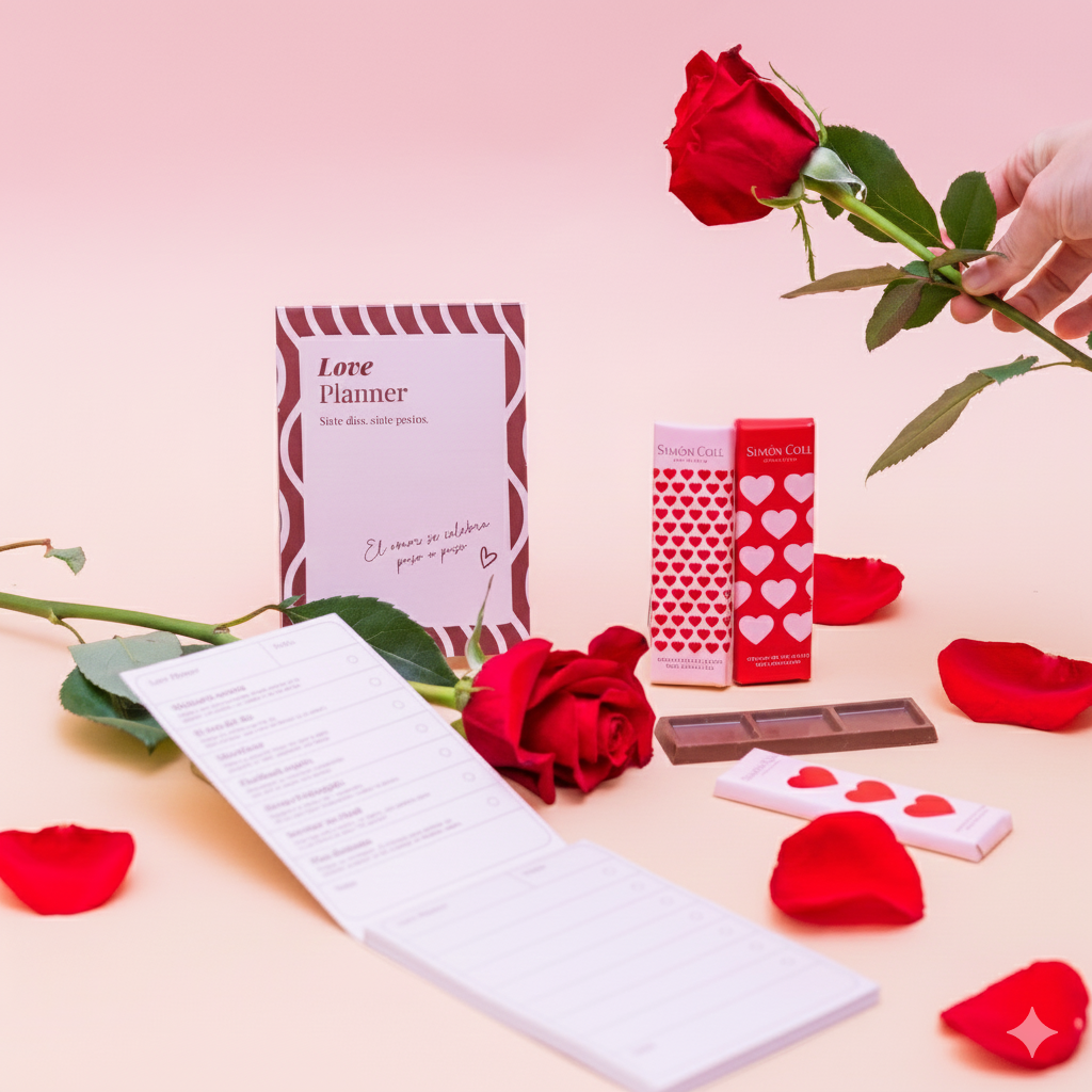 Love is in the air – Ramo de flores con chocolate y bloc de notas