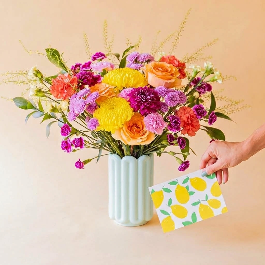 Ramo de flores coloridas con jarrón premium y tarjeta