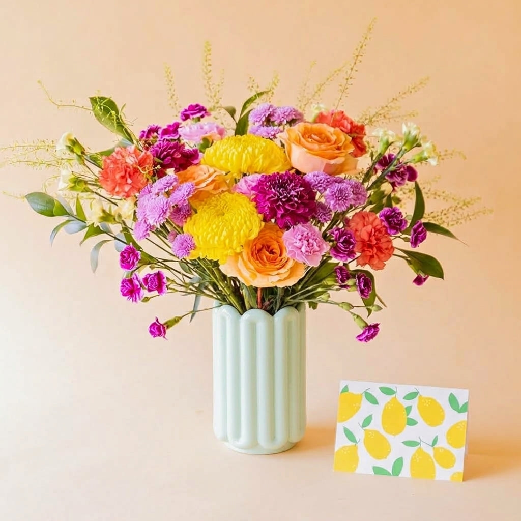 Ramo de flores coloridas con jarrón premium y tarjeta