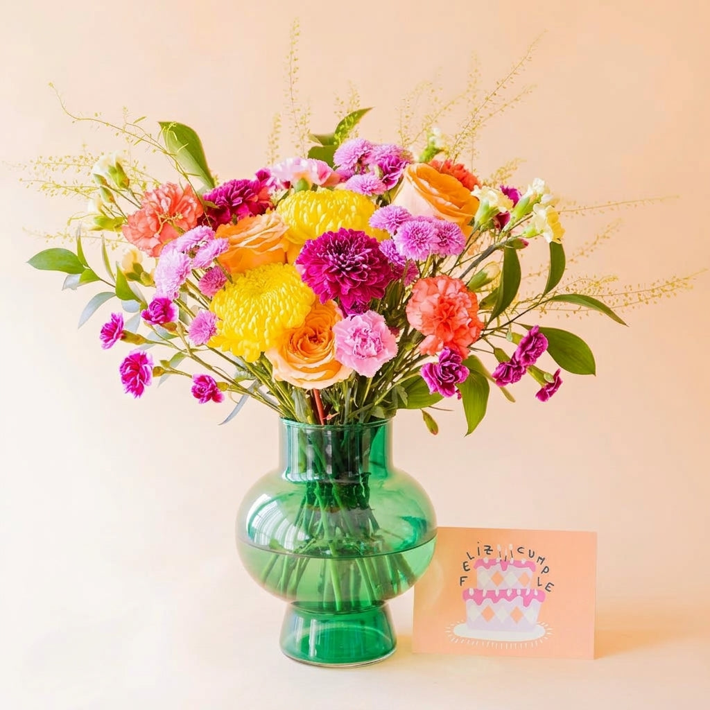 Ramo de flores coloridas con jarrón y tarjeta