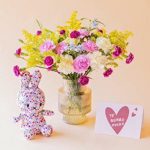 Ramo de claveles crema, rosa, fucsia y solidago amarillo de Colvin en jarrón acanalado transparente, con peluche Miffy de tela floral y tarjeta Te Quiero Mucho con corazón rosa, sobre fondo melocotón