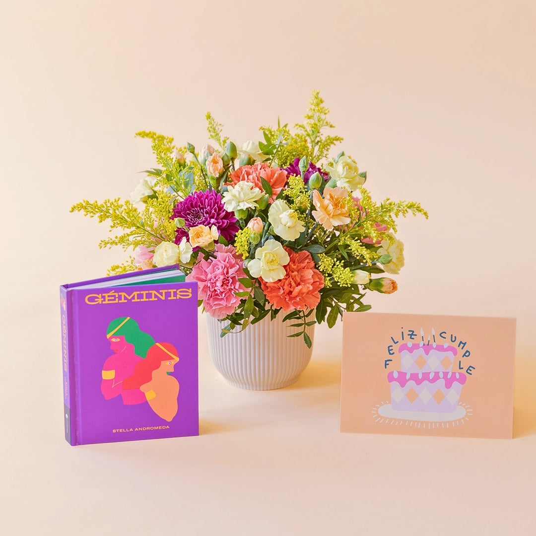 Arreglo de flores frescas multicolores La Chispa de Colvin con claveles en tonos rosas y melocotón y crisantemos morados en una base estriada blanca, junto al libro del horóscopo Géminis de tapa dura con portada morada y una tarjeta de cumpleaños de Feliz Cumple sobre un fondo crema.