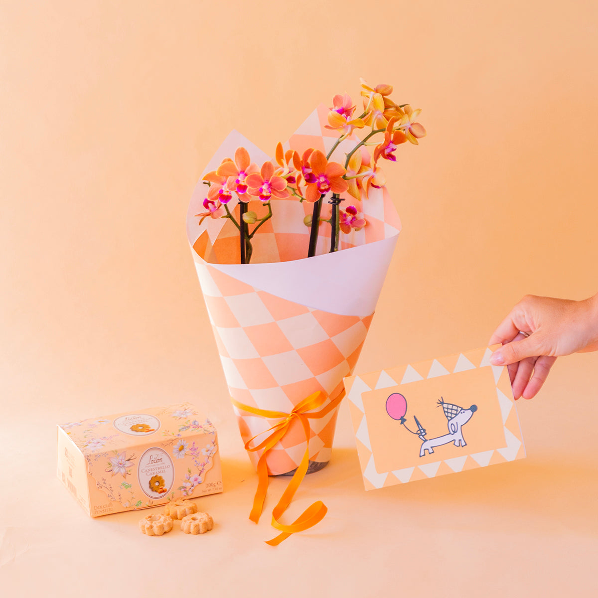 Orquídea naranja cumple con envoltorio, galletas y tarjeta