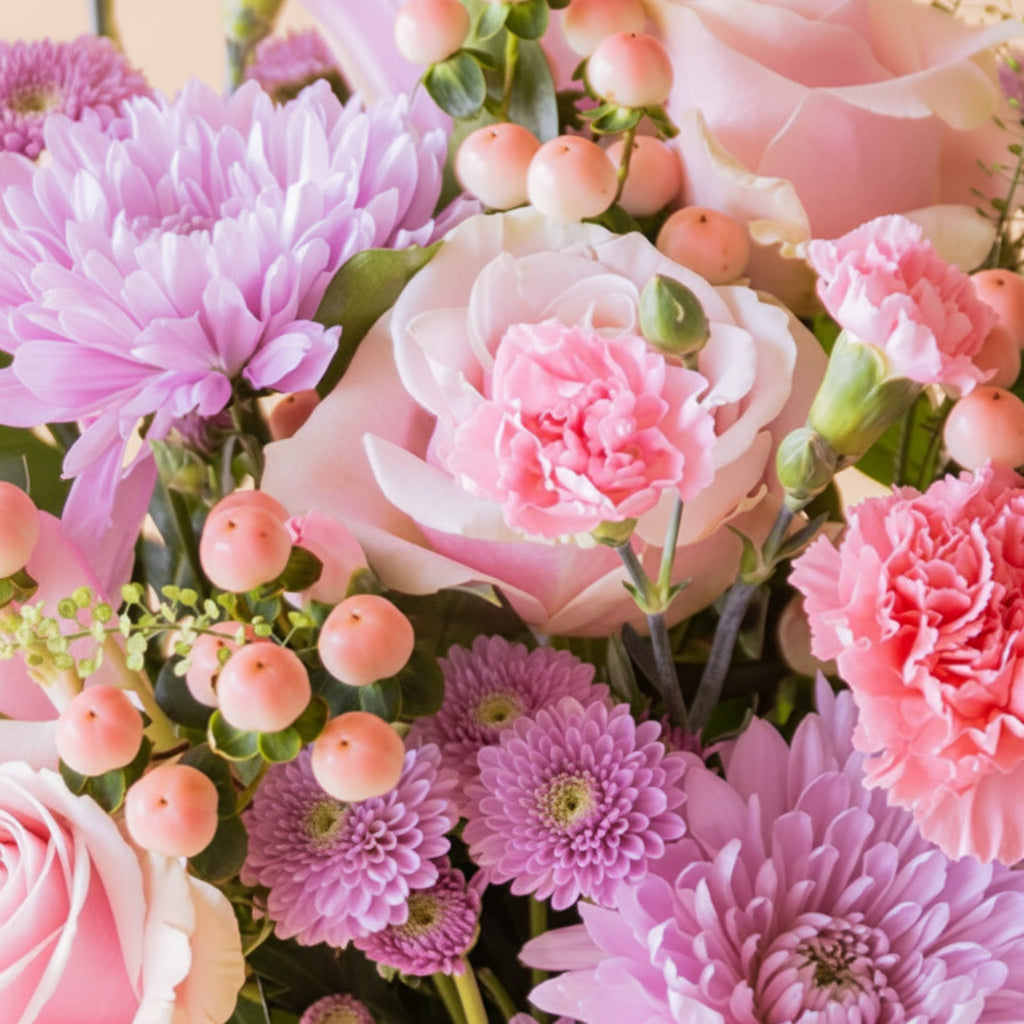 Ramo de flores rosas con jarrón y tarjeta