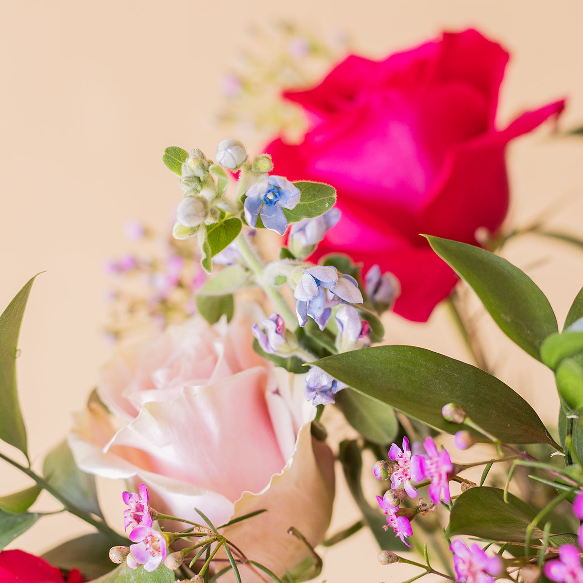 Detalle de rosa empolvada, flores silvestres azules y lilas del ramo Colvin El Encanto con rosa fucsia desenfocada al fondo