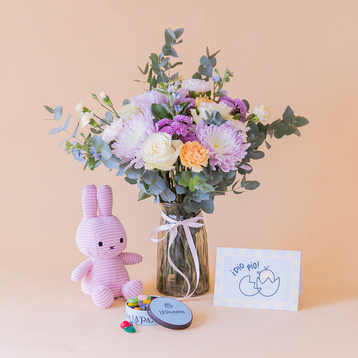 Ramo de Flores Cor-de-rosa com Peluche, Caramelos e Cartão