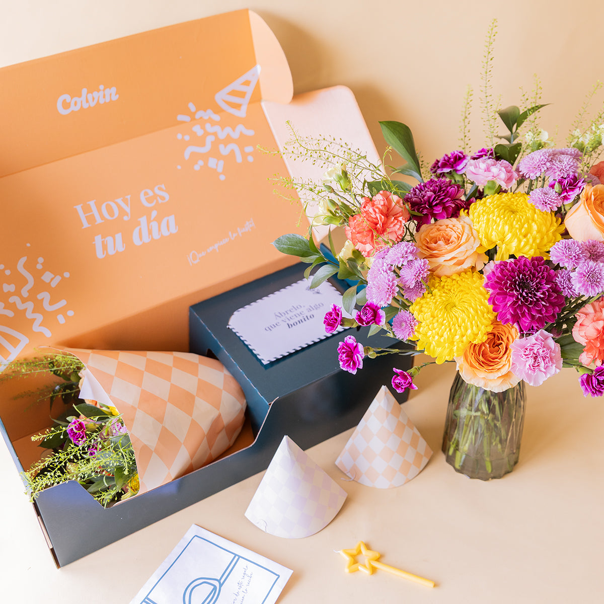 Feliz Aniversário - Bouquet de Flores e Kit de Aniversário