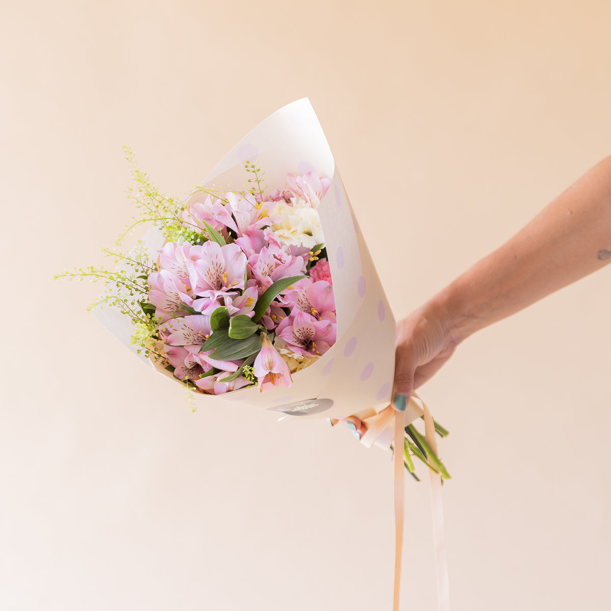 Mano sosteniendo ramo de alstroemerias rosas y claveles de Colvin envuelto en papel blanco, atado con cinta rosa, sobre fondo melocotón
