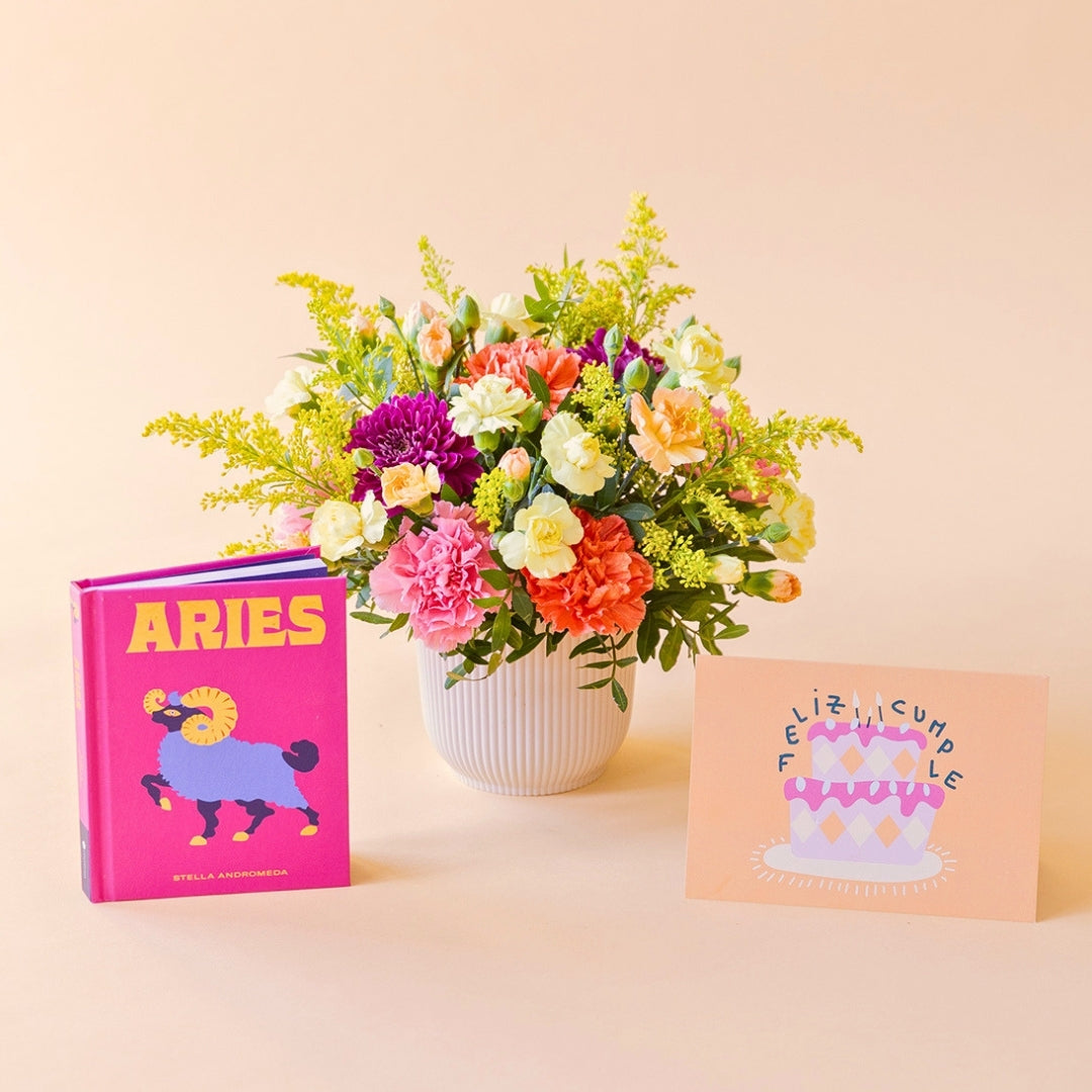 Arreglo de flores frescas multicolores La Chispa de Colvin con claveles en tonos rosas y melocotón y crisantemos morados en una base estriada blanca, junto al libro del horóscopo Aries de tapa dura con portada rosa y una tarjeta de cumpleaños de Feliz Cumple sobre un fondo crema.