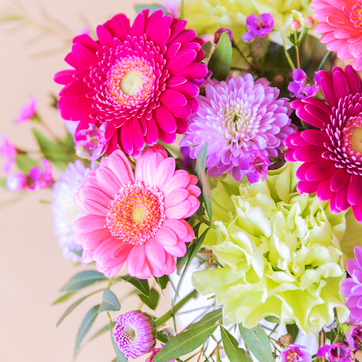 Detalle del arreglo floral mini Colvin con gerberas fucsia y rosa, claveles verdes y flores silvestres lila en primer plano