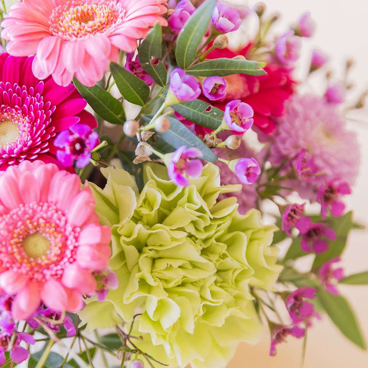 Arreglo floral mini Colvin con gerberas fucsia, claveles verdes y flores silvestres lila en maceta reciclada