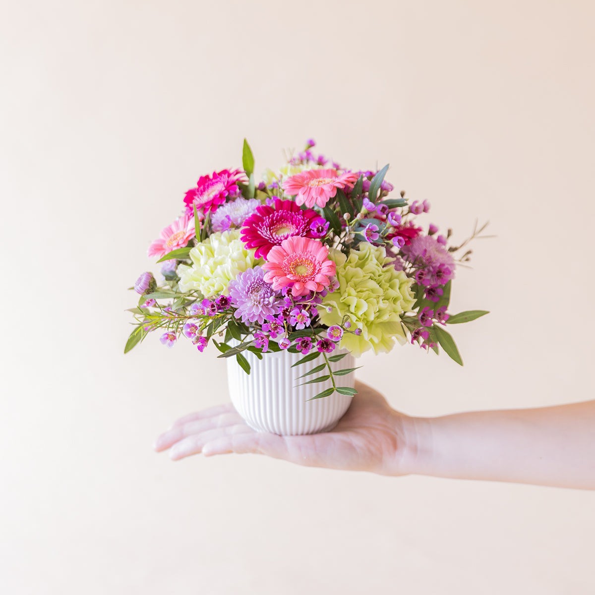 Arreglo floral mini Colvin con gerberas fucsia, claveles verdes y flores silvestres lilas en maceta  estriada.