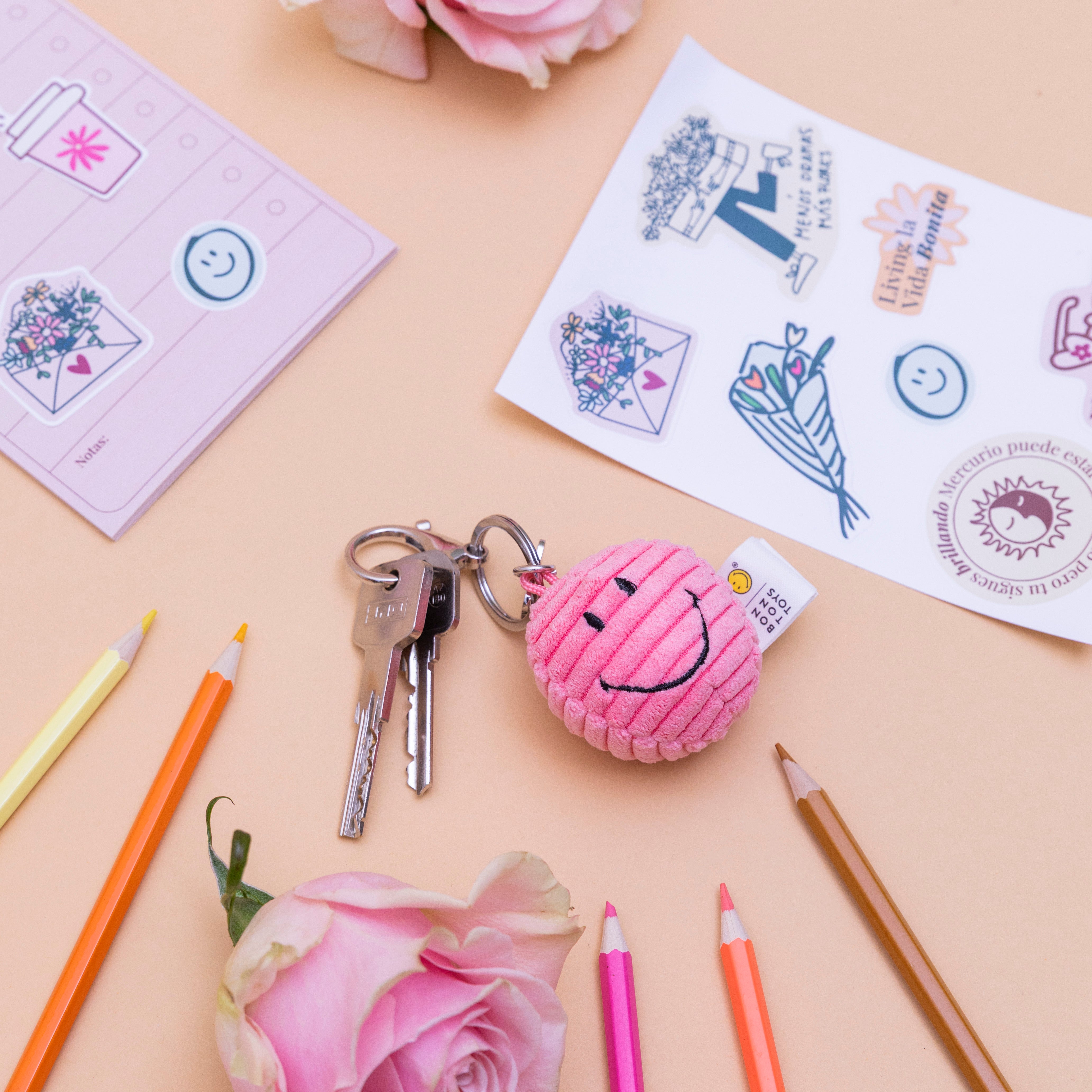 Llavero smiley rosa de Bon Toys junto a hoja de stickers de Colvin, llaves y rosas sobre fondo melocotón