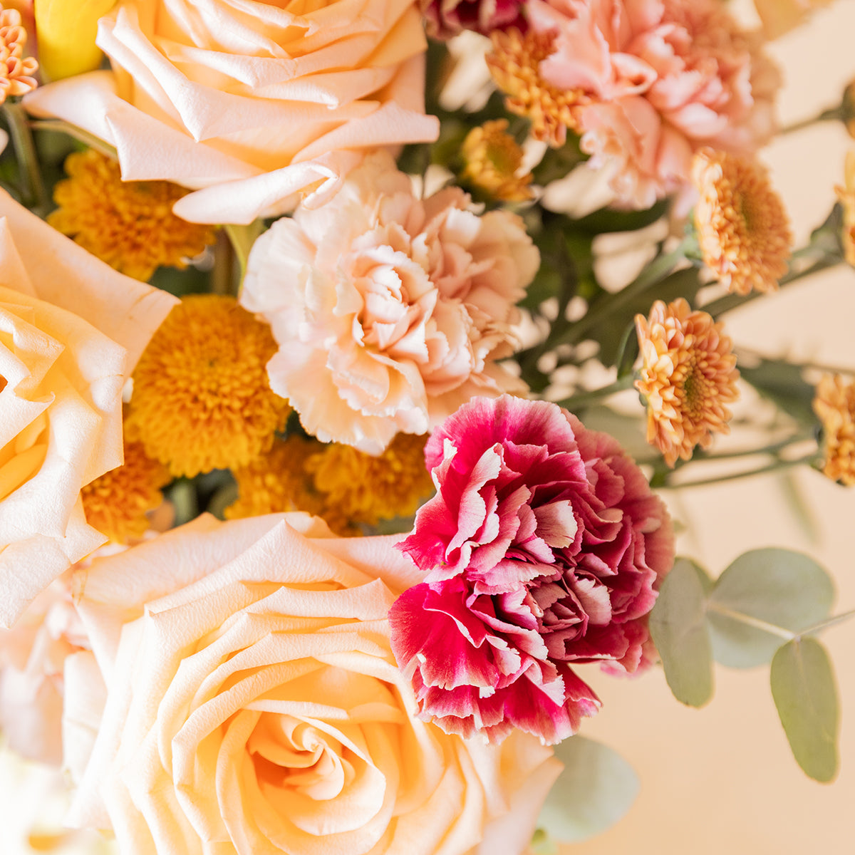 Detalle de rosa salmón, clavel fucsia y crisantemo naranja del ramo El Ginger — Colvin