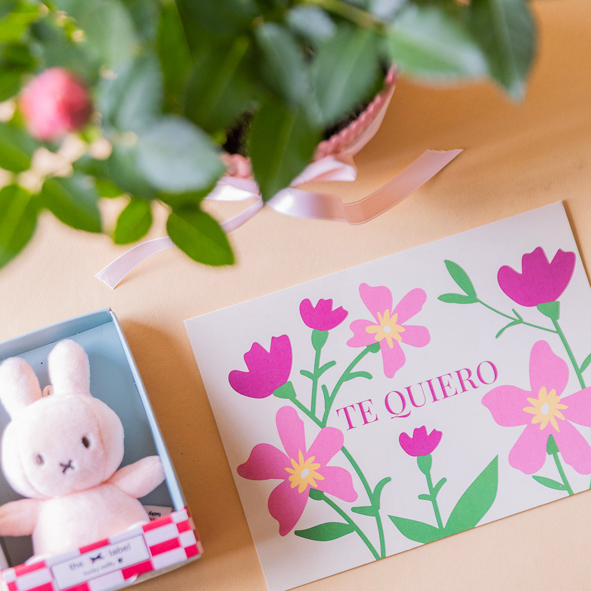 Detalle tarjeta Te Quiero floral y mini peluche rosa junto a rosal pitimií, regalo de amor a domicilio - Colvin