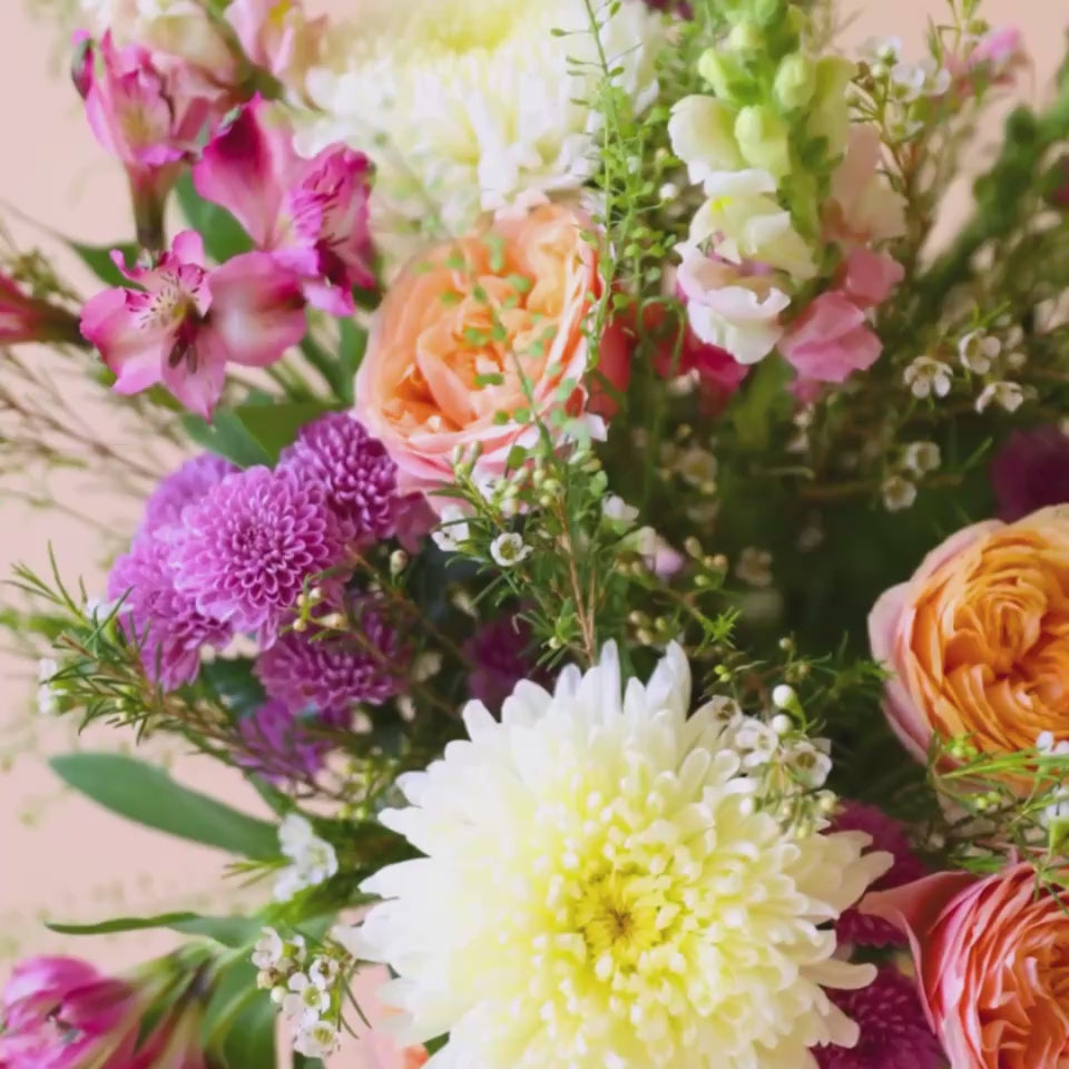 Cargar vídeo: Vídeo de detalle del ramo de flores Costa de Colvin con rosas de jardín melocotón, crisantemos blancos y flores rosa vibrante.