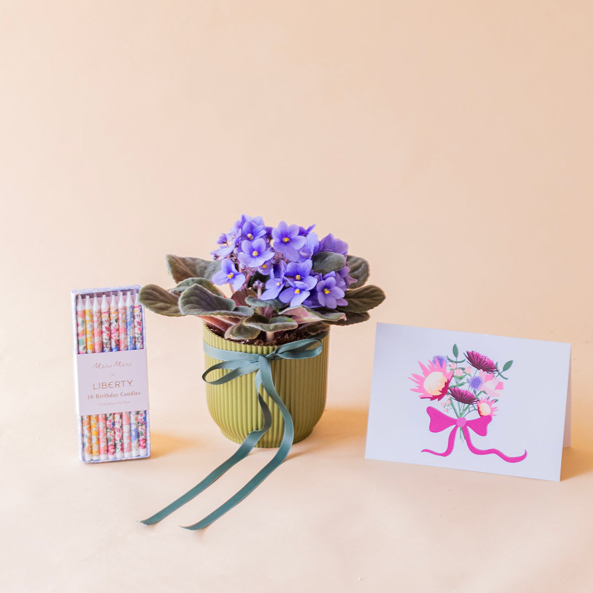 Violeta africana en maceta verde con lazo, velas liberty Meri Meri y tarjeta protea floral, regalo a domicilio - Colvin