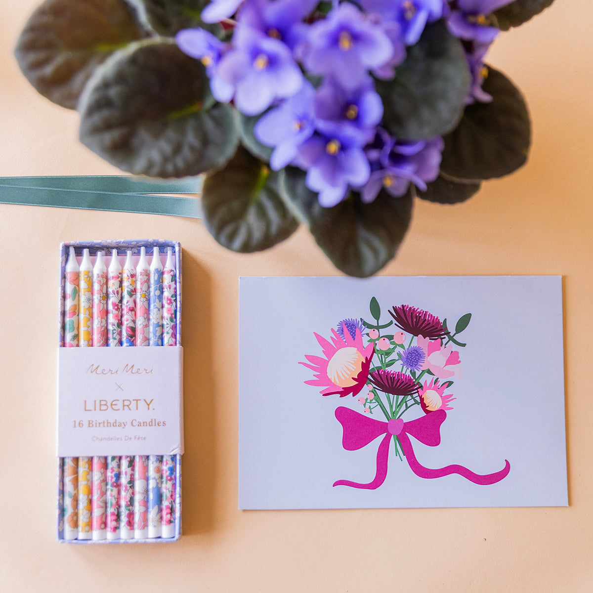 Cenital violeta africana lila, caja velas liberty Meri Meri y tarjeta protea floral, planta regalo a domicilio - Colvin