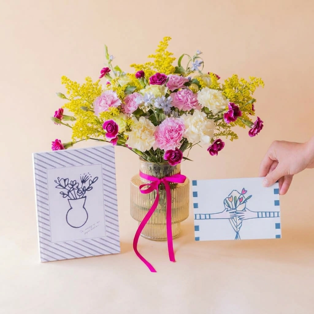 ramo alegria con cuaderno y tarjeta sobre fondo crema